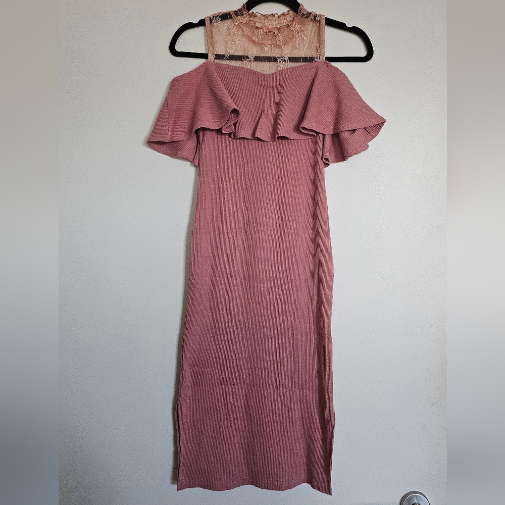 Resexxy Gyaru Japanese Ribbed High Neck Lace Midi Bodycon Dress Mauve Pink